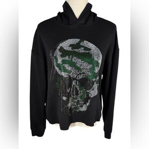 Heads Or Tails Black Sparkly Camouflage Skull Embellished DIY Cropped Hoodie